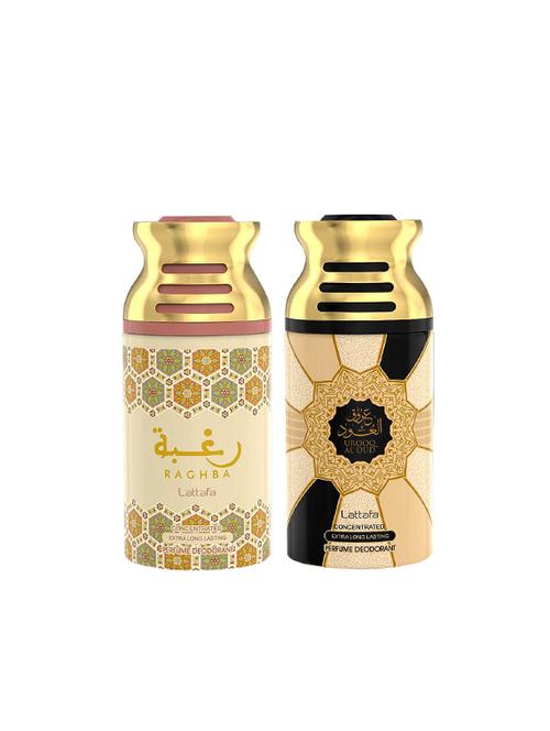lattafa raghba + urooq al oud 250ml deodorant perfumed bodyspray for men and women combo pack of 2 - 17202292 - Very Small Image - 1