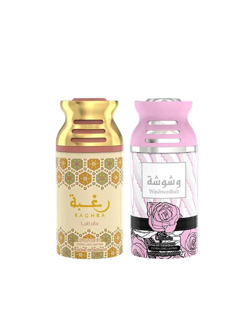 lattafa raghba + washwashah 250ml deodorant perfumed bodyspray for men and women combo pack of 2 - 17202293 - Very Small Image - 1