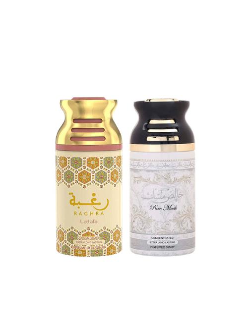 lattafa raghba + pure musk 250ml deodorant perfumed bodyspray for men and women combo pack of 2 - 17202294 - Very Small Image - 1