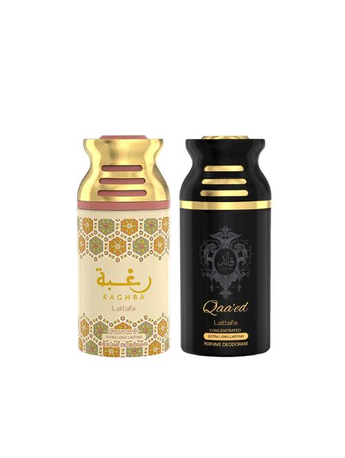 lattafa raghba + qaeed 250ml deodorant perfumed bodyspray for men and women combo pack of 2 - 17202296 - Very Small Image - 1