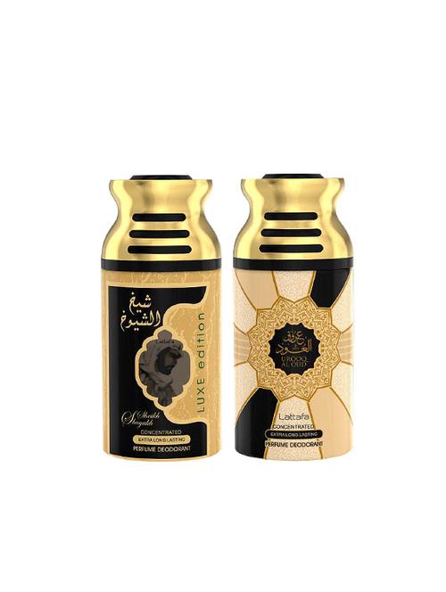 lattafa sheikh al shuyukh luxe edition + urooq al oud 250ml deodorant perfumed bodyspray for men and women combo pack of 2 - 17202304 - Very Small Image - 1
