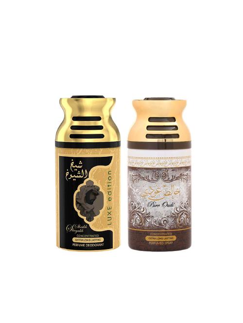 lattafa sheikh al shuyukh luxe edition + pure oudi 250ml deodorant perfumed bodyspray for men and women combo pack of 2 - 17202307 - Very Small Image - 1