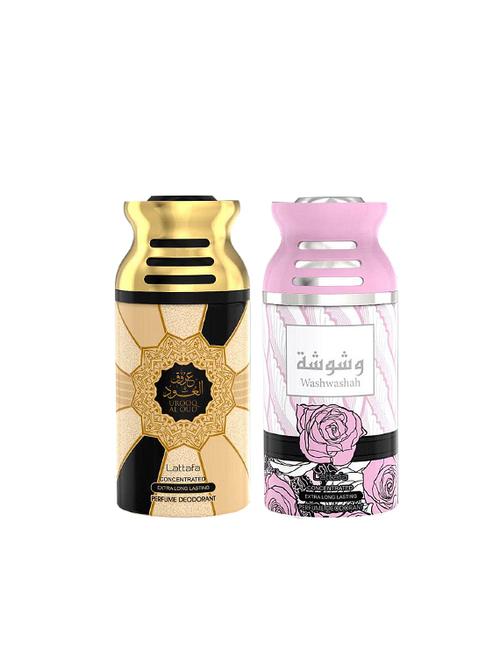 lattafa urooq al oud + washwashah 250ml deodorant perfumed bodyspray for men and women combo pack of 2 - 17202314 - Very Small Image - 1