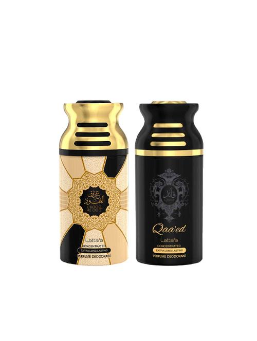 lattafa urooq al oud + qaeed 250ml deodorant perfumed bodyspray for men and women combo pack of 2 - 17202317 - Very Small Image - 1