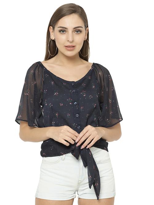 navy blue poly chiffon regular top - 17203156 - Very Small Image - 1