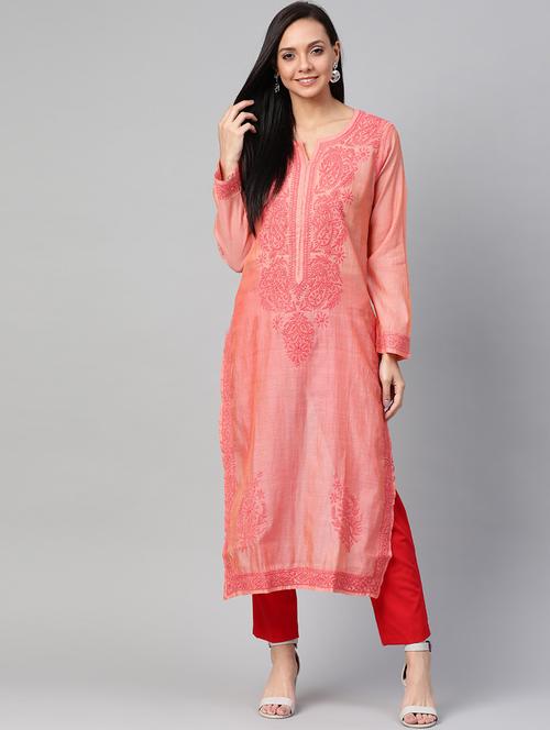 ada hand embroidered peach chanderi chikankari kurta - 17203837 - Very Small Image - 1