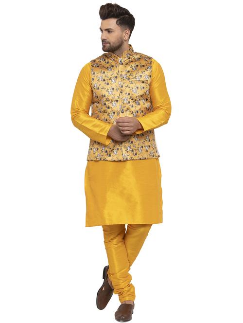 yellow solid dupion kurta pyjama set with mustard printed nehru jacket - 17203881 - Very Small Image - 1