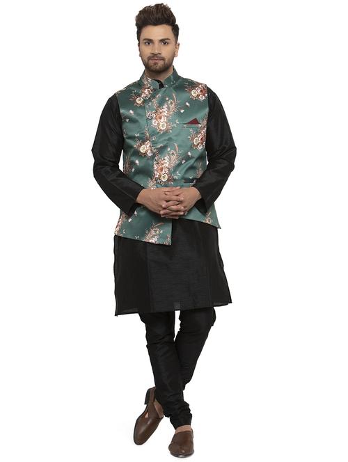 black solid dupion kurta pyjama set with green printed nehru jacket - 17203887 - Very Small Image - 1