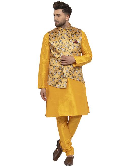 yellow solid dupion kurta pyjama set with mustard printed nehru jacket - 17203890 - Very Small Image - 1