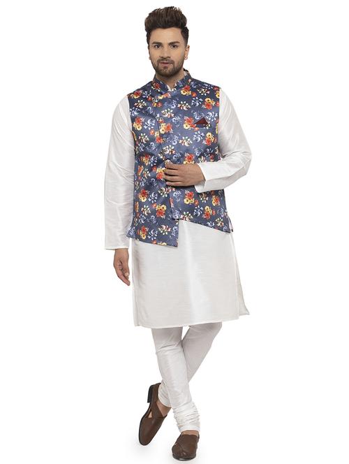 white solid dupion kurta pyjama set with blue printed nehru jacket - 17205561 - Very Small Image - 1