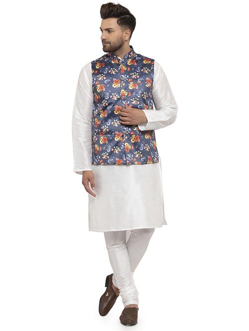 white solid dupion kurta pyjama set with blue printed nehru jacket - 17205569 - Very Small Image - 1