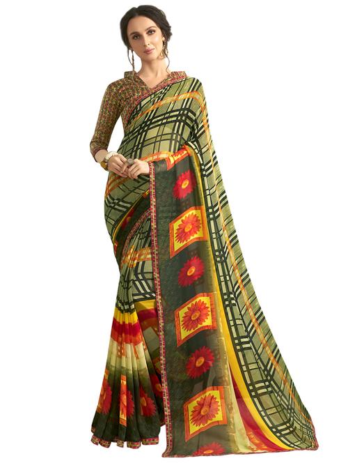 check printed saree with blouse - 17207569 - Very Small Image - 1