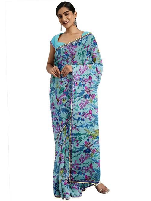 turquoise chiffon printed saree with blouse - 17207848 - Very Small Image - 1