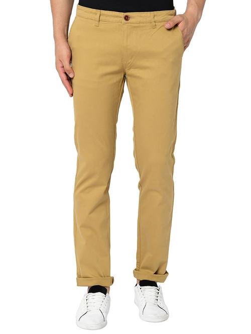 khaki solid flat front casual trouser - 17209291 - Very Small Image - 1