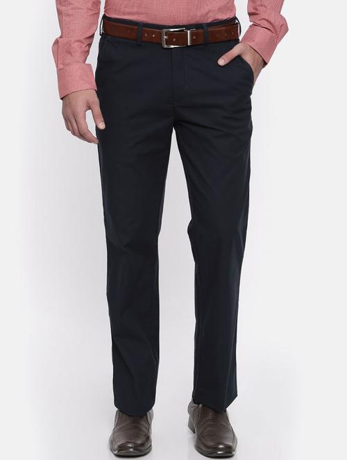 dark blue solid flat front casual trouser - 17218404 - Very Small Image - 1