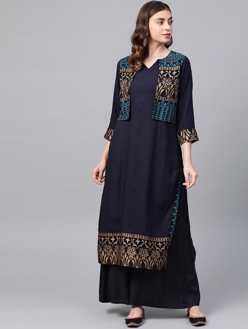 gold print straight kurta with jacket - 17231297 - Very Small Image - 1