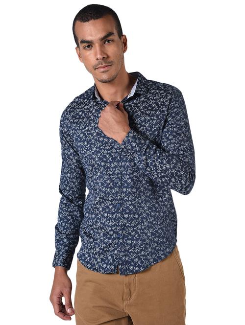 navy blue floral print casual shirt - 17231509 - Very Small Image - 1
