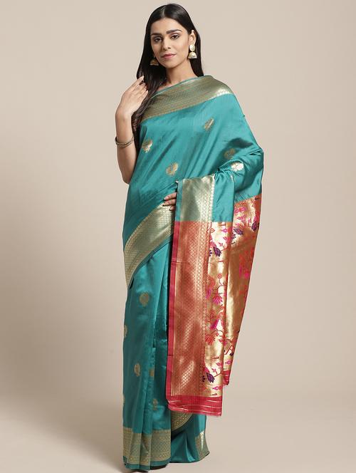 turquoise silk blend banarasi saree with blouse - 17234951 - Very Small Image - 1