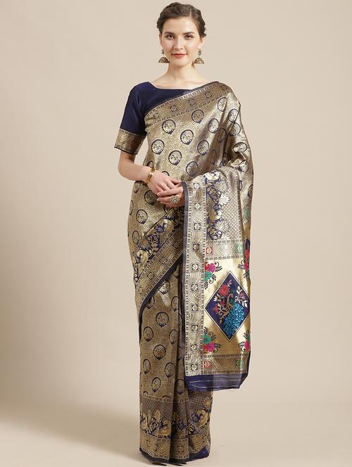 self design banarasi saree with blouse - 17234967 - Very Small Image - 1