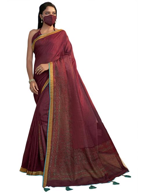 solid bordered saree with mask with blouse - 17235916 - Very Small Image - 1