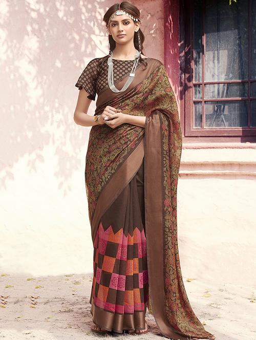 floral printed saree with blouse - 17238757 - Very Small Image - 1