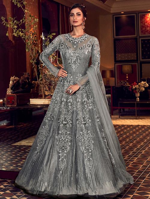 embroidered anarkali semi-stitched suit - 17239524 - Very Small Image - 1