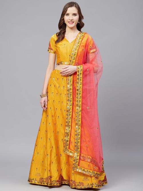 mustard embroidered work solid unstitched lehenga choli with dupatta - 17240655 - Very Small Image - 1