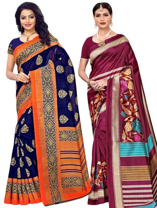 set of 2 pcs combo saree with blouse - 17244909 - Very Small Image - 1