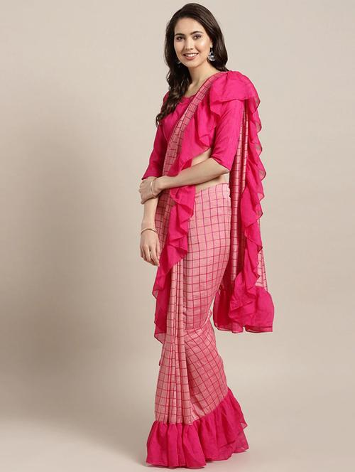 check printed ruffled saree with blouse - 17245080 - Very Small Image - 1