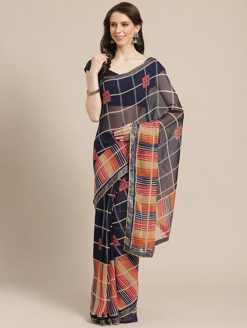 check printed saree with blouse - 17247499 - Very Small Image - 1