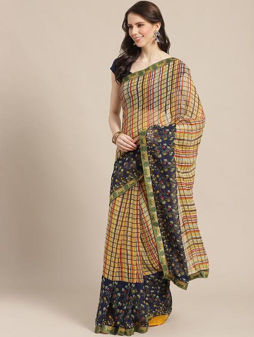 check printed saree with blouse - 17247501 - Very Small Image - 1