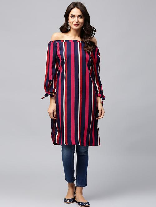 off shoulder striped straight kurta - 17252093 - Very Small Image - 1