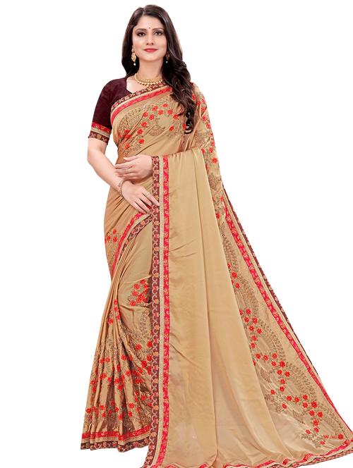 cream silk blend embroidered saree - 17257978 - Very Small Image - 1