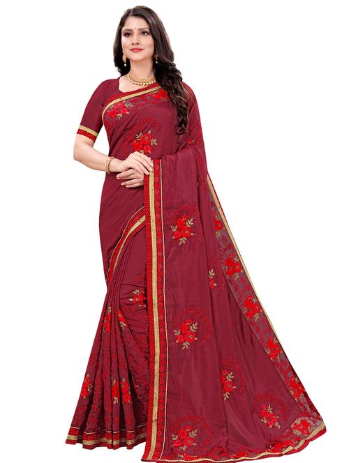 maroon silk blend embroidered saree - 17257979 - Very Small Image - 1