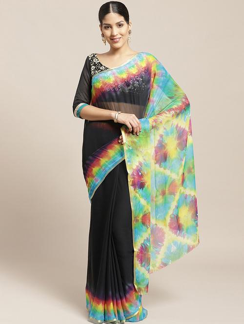 women's shibori black colored saree with blouse - 17258519 - Very Small Image - 1