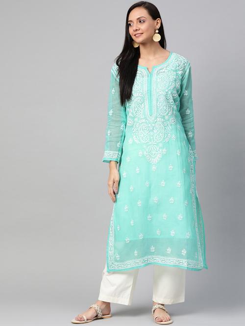 ada hand embroidered sea green kota lucknowi chikankari kurta with slip - 17258785 - Very Small Image - 1