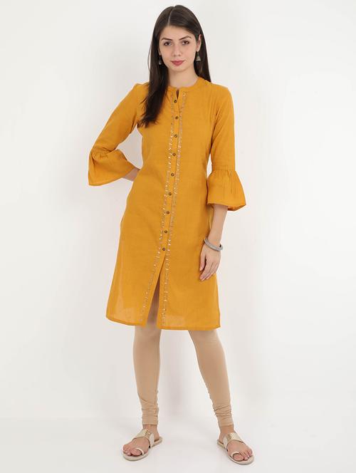 mustard bell sleeves straight kurta - 17260237 - Very Small Image - 1