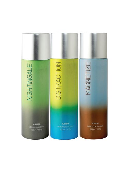 ajmal nightingale & distraction & magnetize deodorant pack of 3 deodorants 200ml each (total 600ml) for unisex + 4 tube testers - 17261946 - Very Small Image - 1