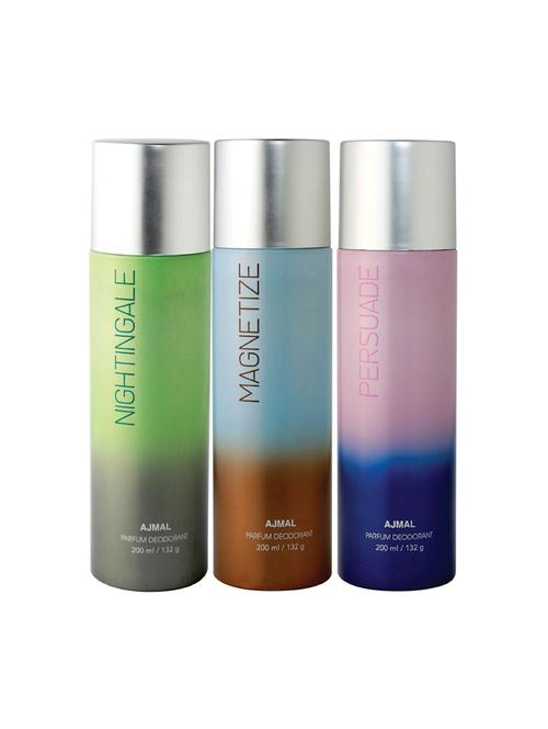 ajmal nightingale & magnetize & persuade deodorant pack of 3 deodorants 200ml each (total 600ml) for unisex+ 4 parfum testers - 17261947 - Very Small Image - 1