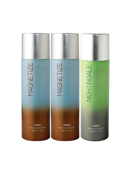 ajmal 2 magnetize & nightingale deodorant pack of 3 deodorants 200ml each (total 600ml) for unisex+ 4 parfum testers - 17261960 - Very Small Image - 1