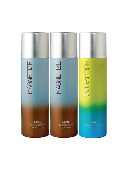 ajmal 2 magnetize & distraction deodorant pack of 3 deodorants 200ml each (total 600ml) for unisex+ 4 parfum testers - 17261961 - Very Small Image - 1