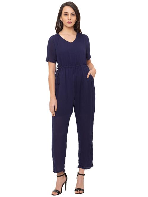 drawstring waist solid full leg jumpsuit - 17264107 - Very Small Image - 1