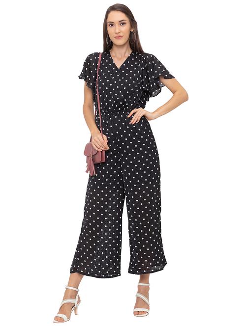 overlap neck polka dot full leg jumpsuit - 17264111 - Very Small Image - 1