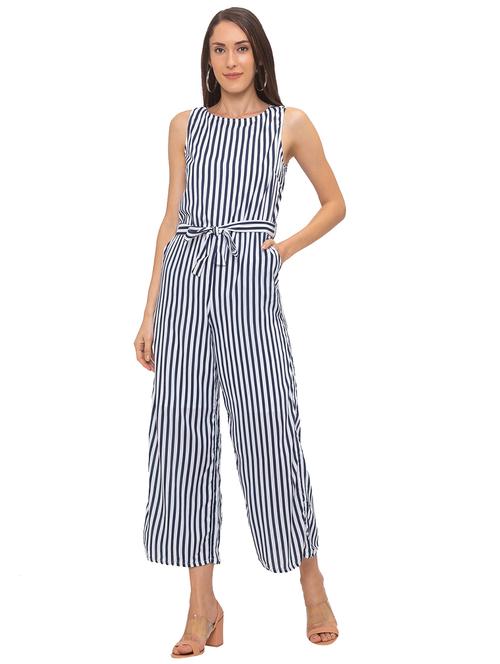 tie front striped full leg jumpsuit - 17264116 - Very Small Image - 1