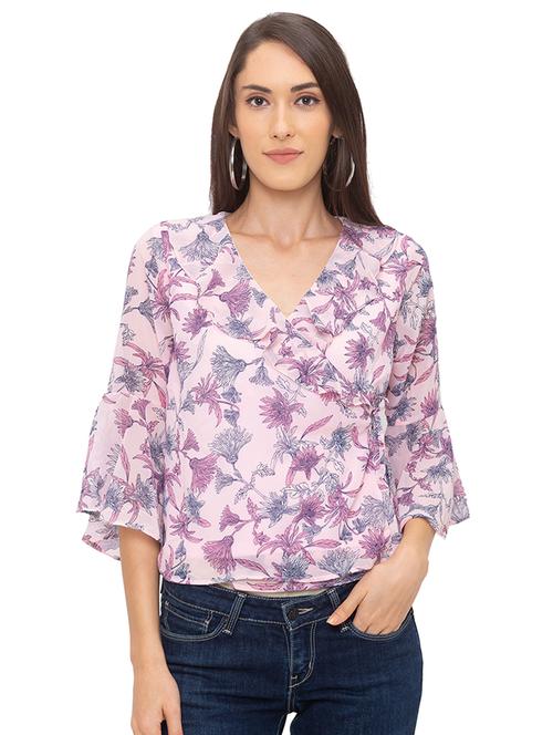overlap neck floral top - 17264198 - Very Small Image - 1