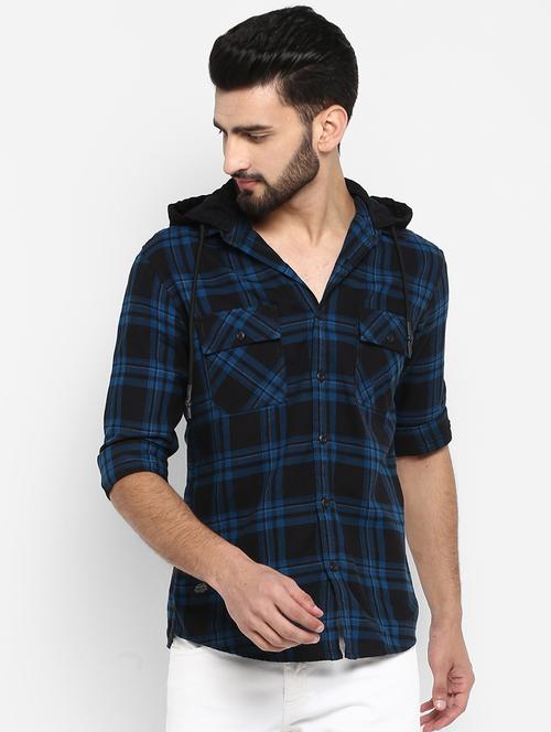 navy blue checkered hooded casual shirt - 17264708 - Very Small Image - 1