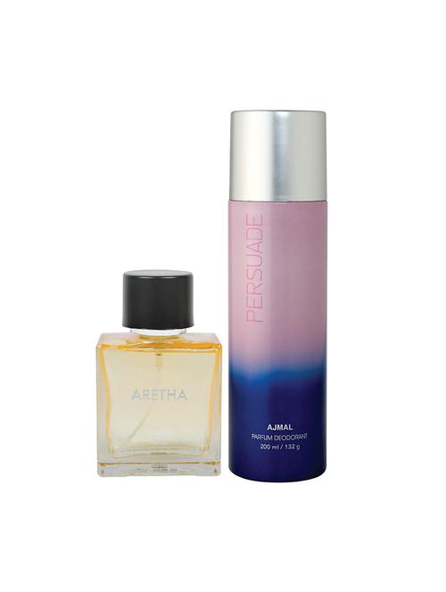 ajmal aretha edp for women 100ml & persuade deodorant for men & women 200ml pack of 2 (total 300ml) + 4 parfum testers - 17265760 - Very Small Image - 1