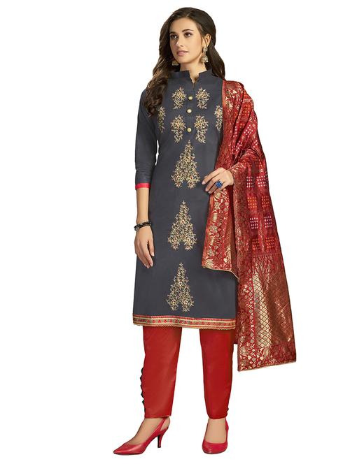 embroidered straight pant unstitched suit - 17266010 - Very Small Image - 1