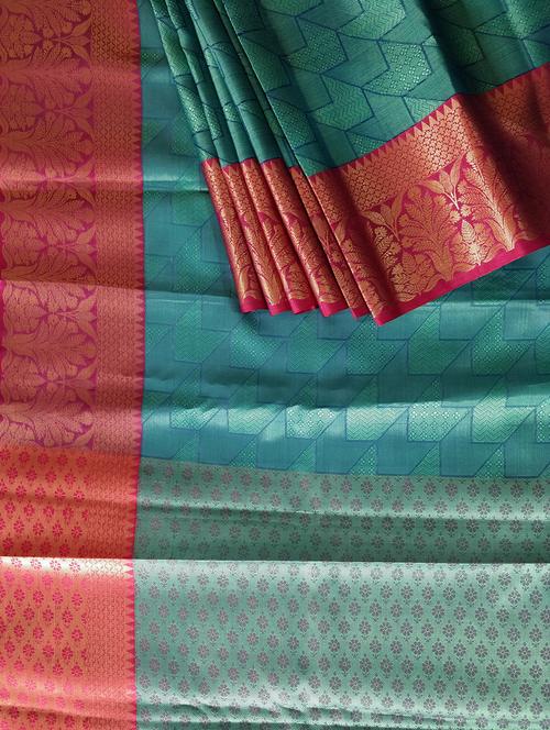 teal handloom saree with blouse - 17267728 - Very Small Image - 1