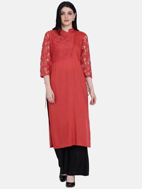 lace detailed solid straight kurta - 17272483 - Very Small Image - 1